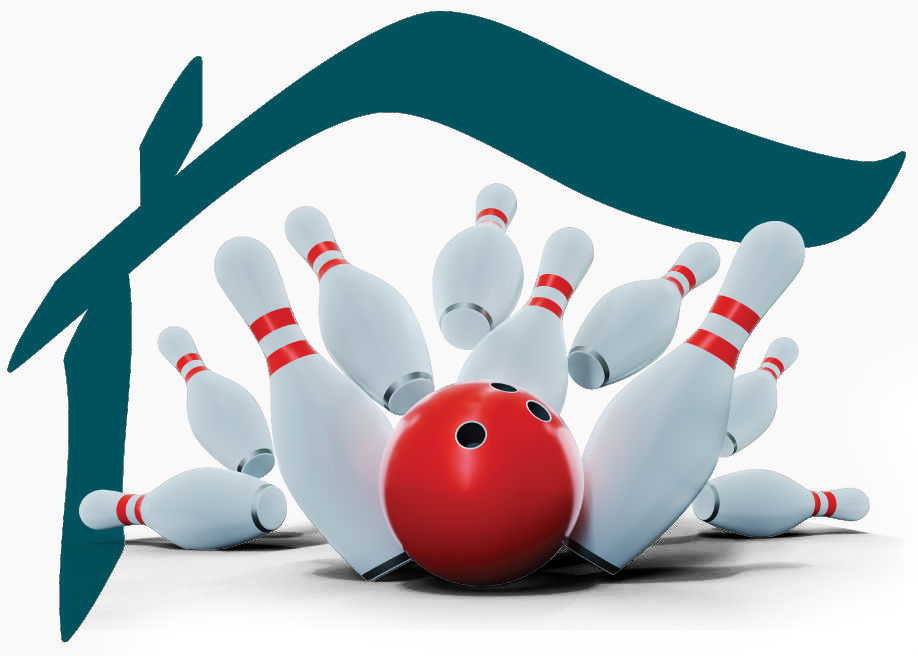 Bowling pins and ball inside a house-shaped outline, representing home building and recreation.