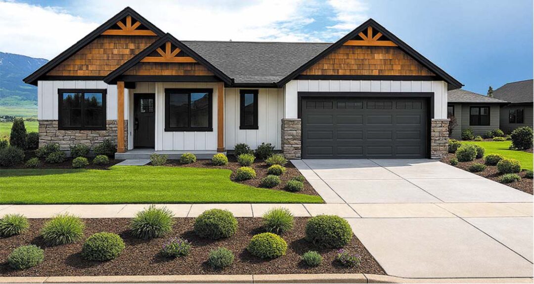 Modern suburban home with a landscaped front yard and attached garage, representing home building an.
