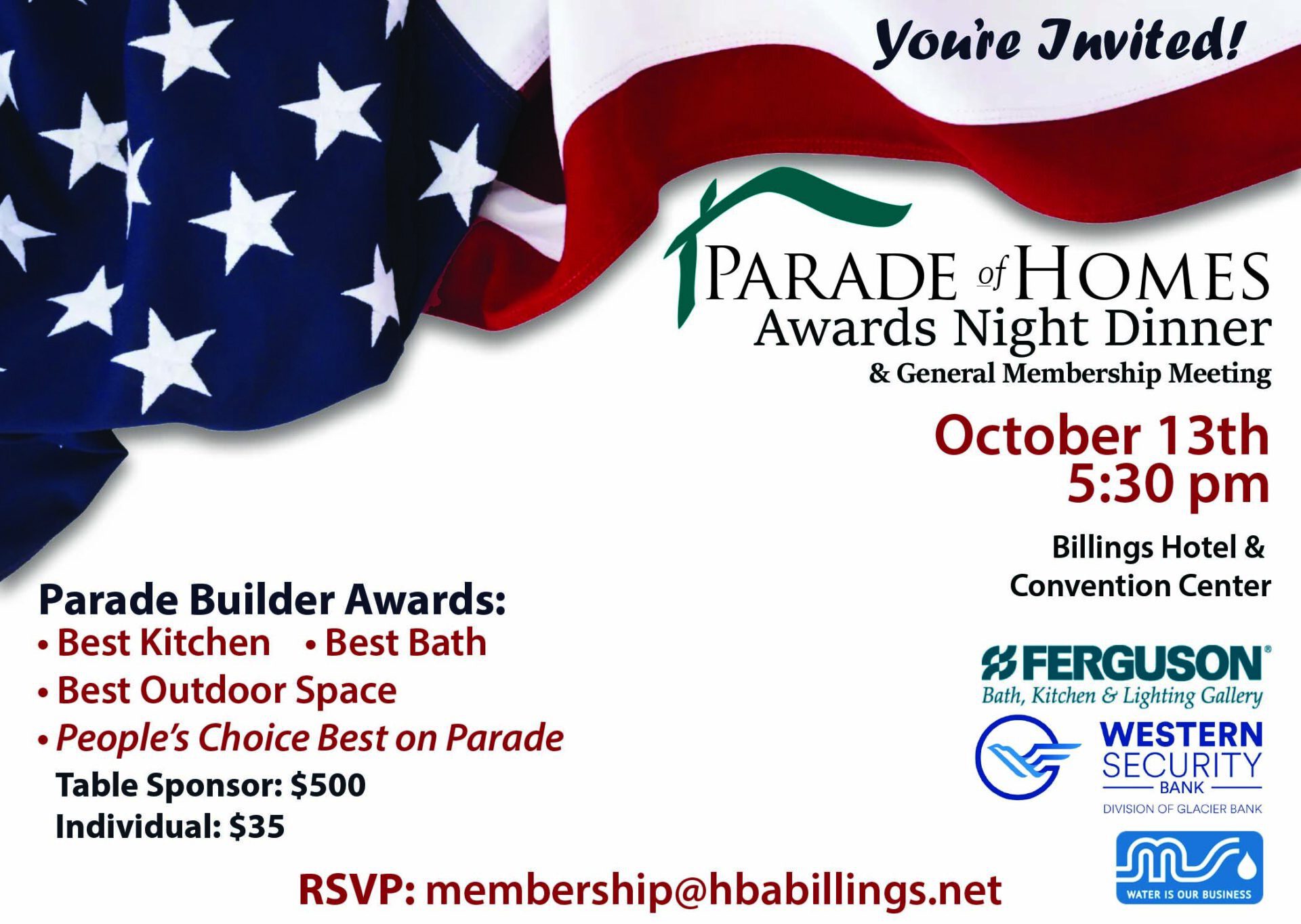 Invitation to Parade of Homes Awards Night in Billings Montana.