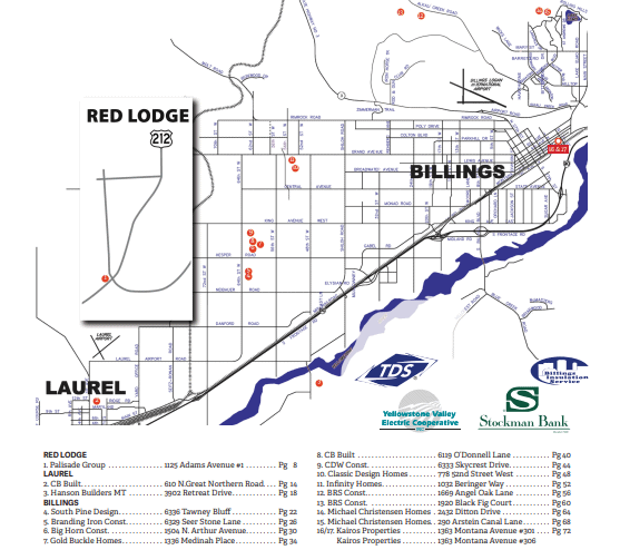 Map of Billings Montana showcasing Parade of Homes locations and local builders.