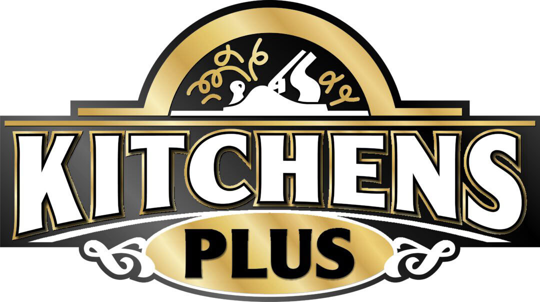 Kitchens Plus logo with a clock and decorative elements, representing kitchen design and remodeling.