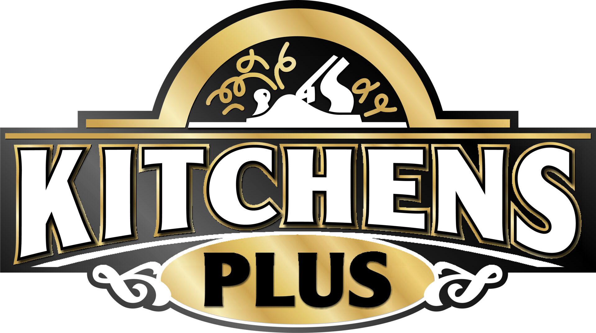 Kitchens Plus logo with a clock and decorative elements, representing kitchen design and remodeling.